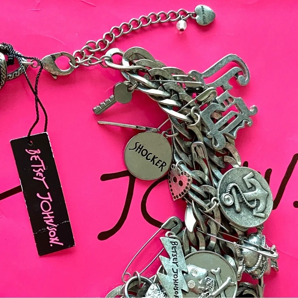 VINTAGE BETSEY JOHNSON Black Label Statement Charms Chain Necklace